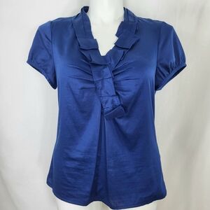 Ann Taylor Navy Blue TOP Womens Size 14 Pleated Ruffled Cotton Pullover Blouse